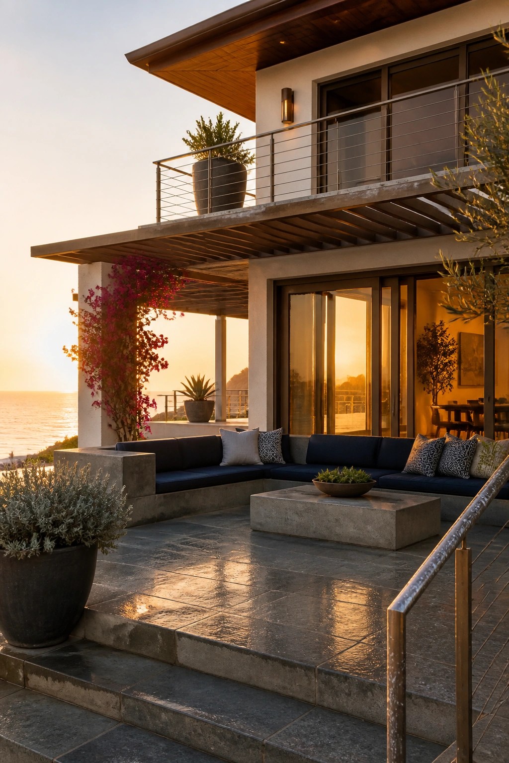 A modern house patio featuring an L-shaped blue sectional sofa on a concrete platform, a concrete coffee table, potted plants, and stairs leading up to a balcony overlooking the ocean.