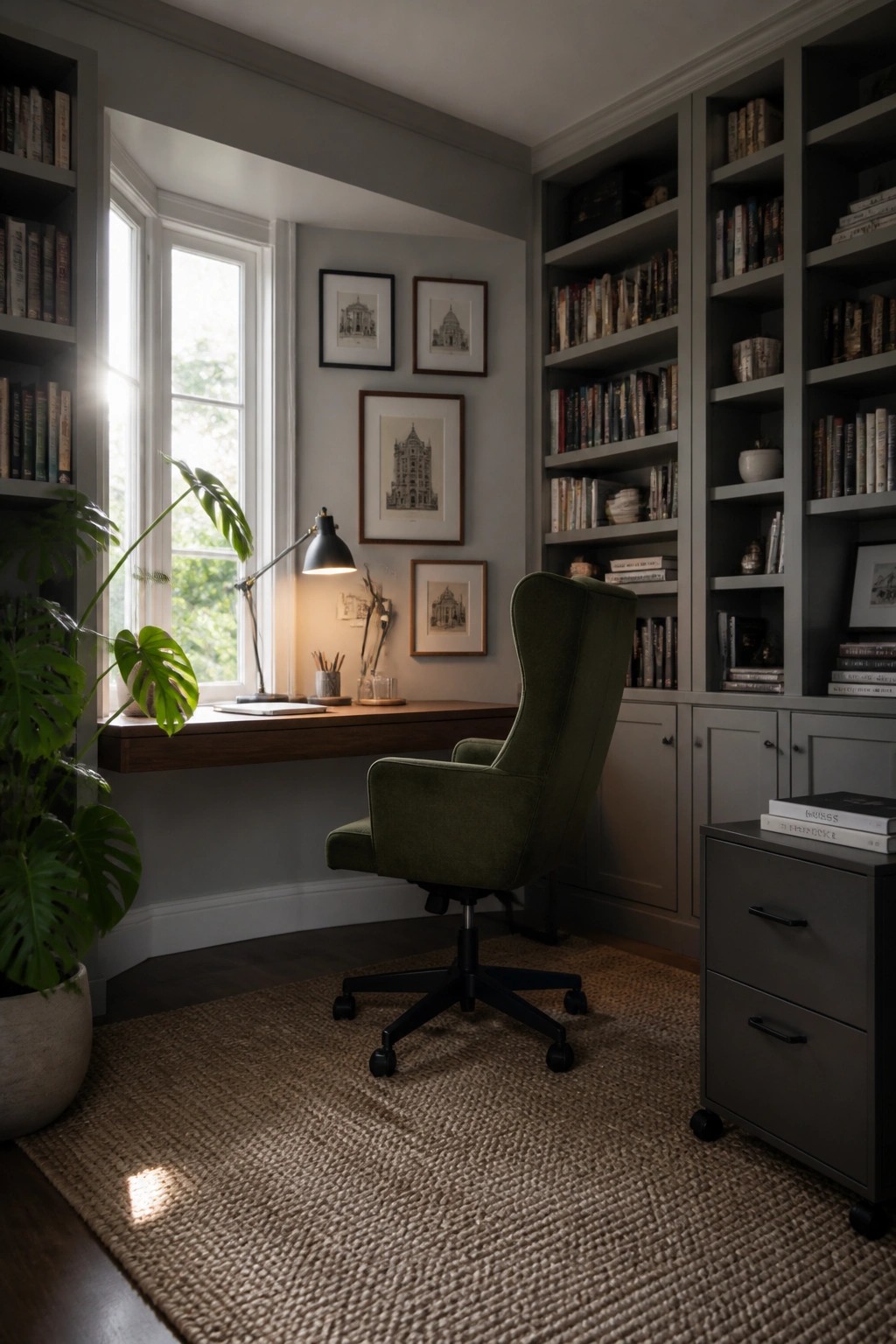 A home office featuring built-in gray bookshelves along one wall, a wooden desk beneath a bay window, a green upholstered office chair, and a large potted plant on the left.