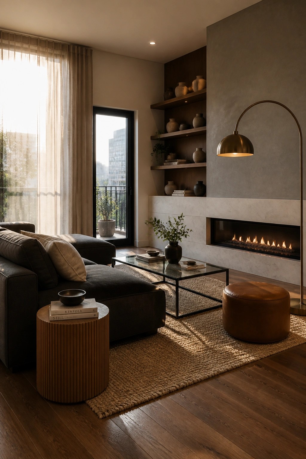A contemporary living room with a dark sectional sofa, glass coffee table on a jute rug, built-in wooden shelves above a linear fireplace, and a tall arched floor lamp.