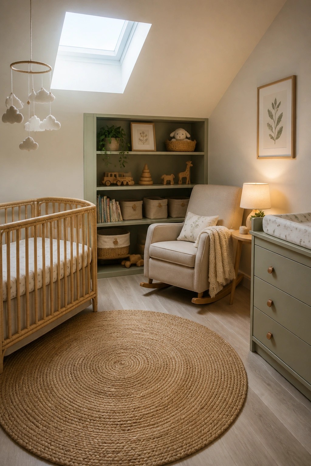 A nursery interior showing a wooden crib, beige rocking chair, built-in sage green shelving with books and toys, a round woven rug, and a changing table under a skylight.