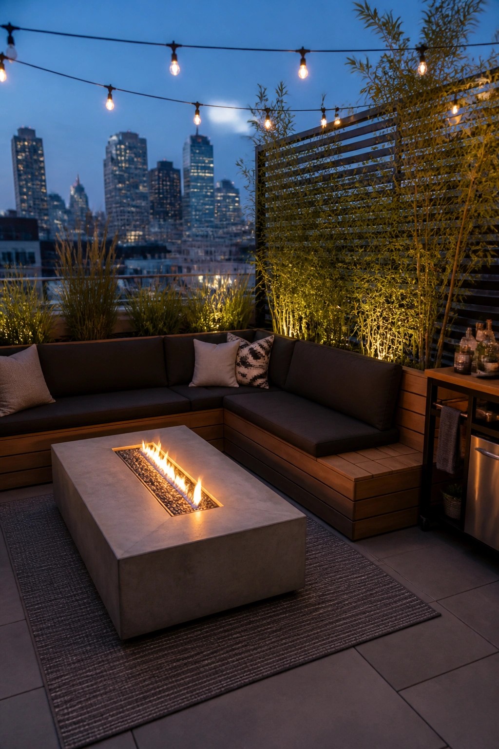 A modern rooftop terrace at dusk shows a rectangular concrete fire pit with active flames, surrounded by dark sectional seating on a striped rug, with string lights above and bamboo screening behind.