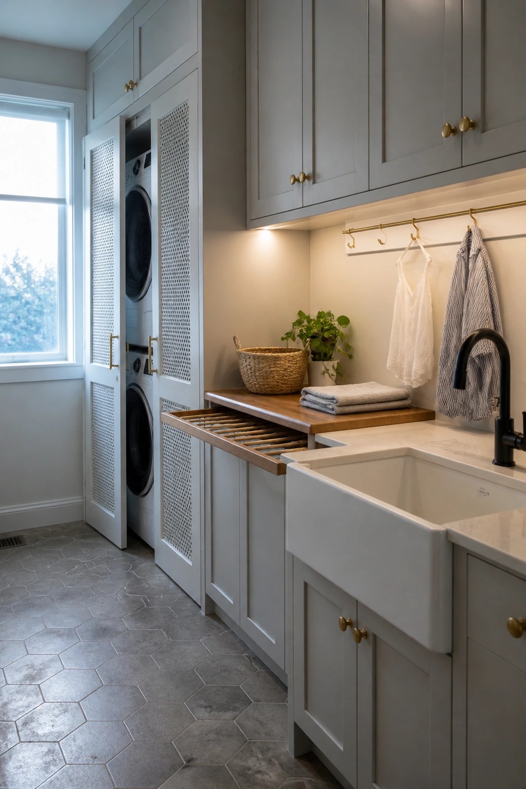 Laundry room with gray cabinets, a white farmhouse sink, and washer and dryer hidden behind white perforated doors, with a pull-out drying rack extended under a wooden counter.
