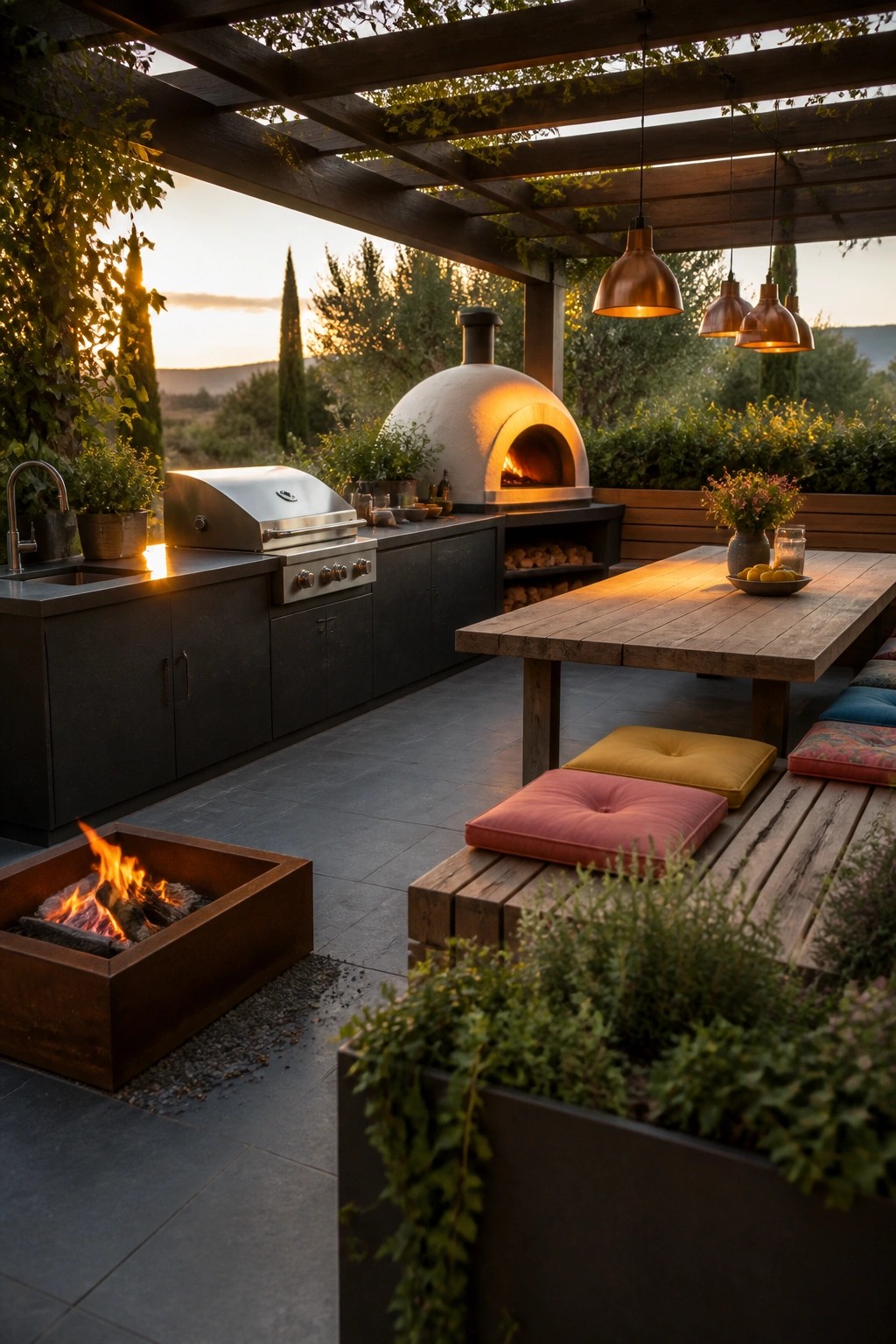 Outdoor kitchen with pizza oven, grill, fire pit, and wooden dining table at sunset