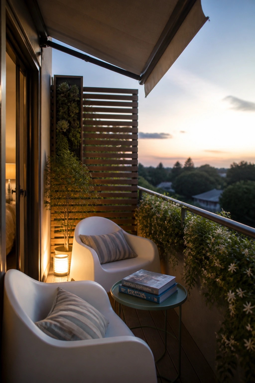 Two white modern chairs sit on a wooden balcony around a small green table holding stacked books, with plants, a wooden screen, and a city view at dusk.