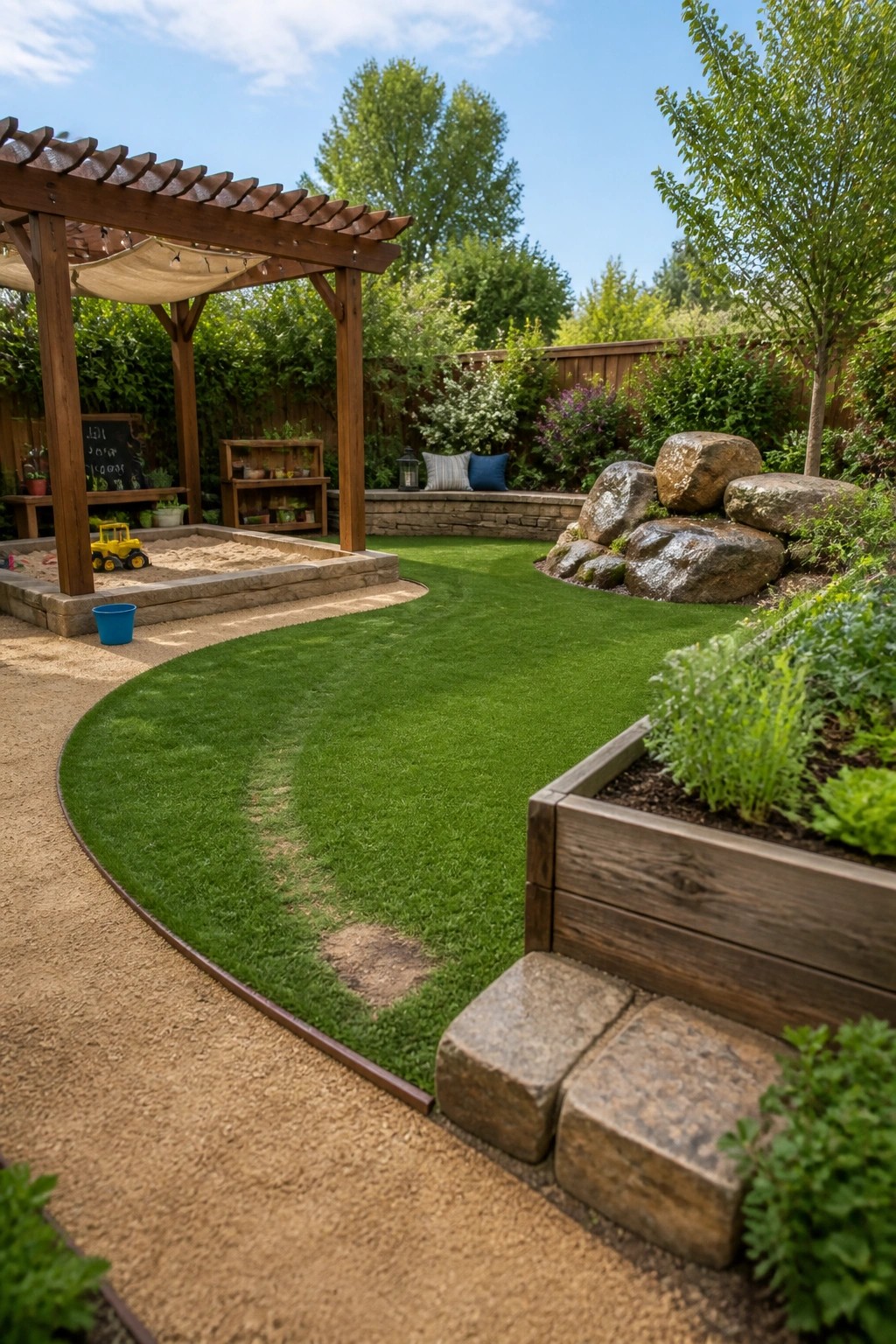 A backyard scene showing a large curved lawn bordered by stone edging, a wooden pergola with a sandbox, raised wooden garden beds, and large rocks in the landscape.