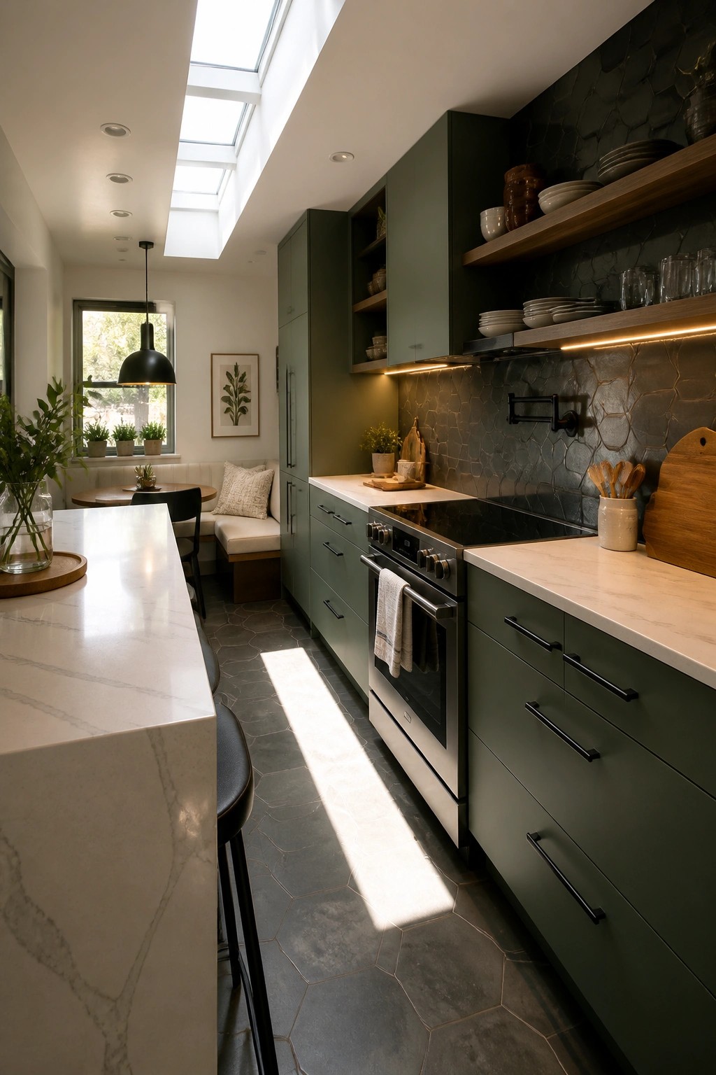 A narrow modern kitchen with dark green cabinets, white marble counters and island, a long skylight overhead, and a stainless steel range against a dark stone backsplash.