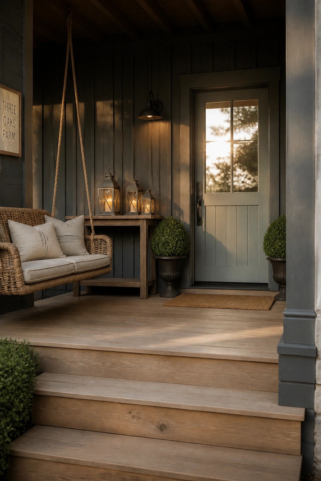 A front porch with a wicker hanging swing, a small wooden table holding three lanterns, potted shrubs, and steps leading up to a light blue door.