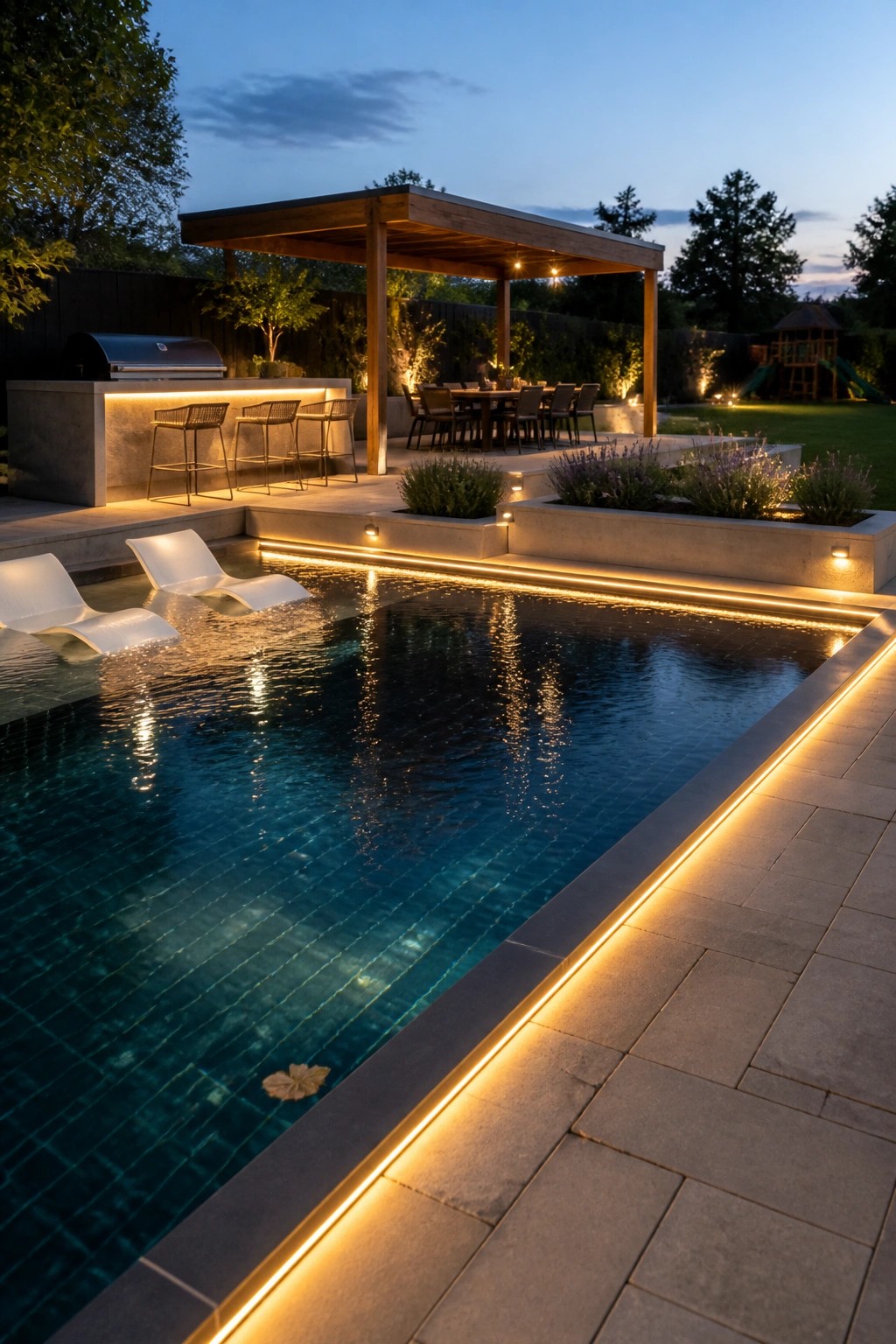 Modern illuminated pool with lounge chairs, outdoor bar, pergola, and glowing LED lights at dusk