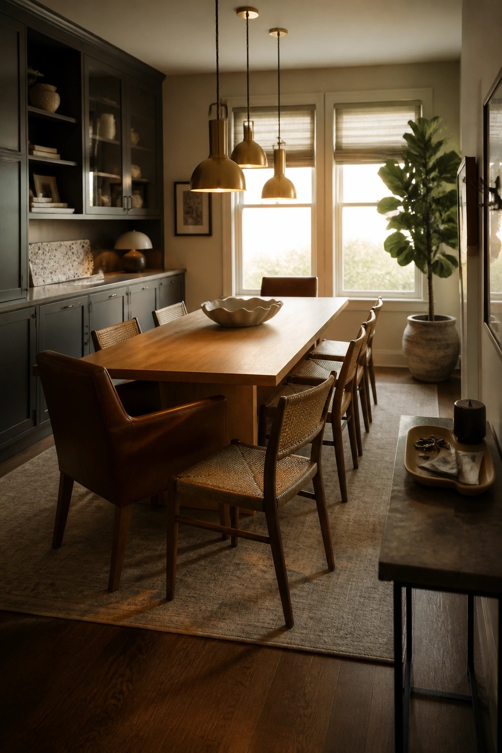 Wooden dining table with leather and woven chairs under brass pendants in sunlit room with plant.