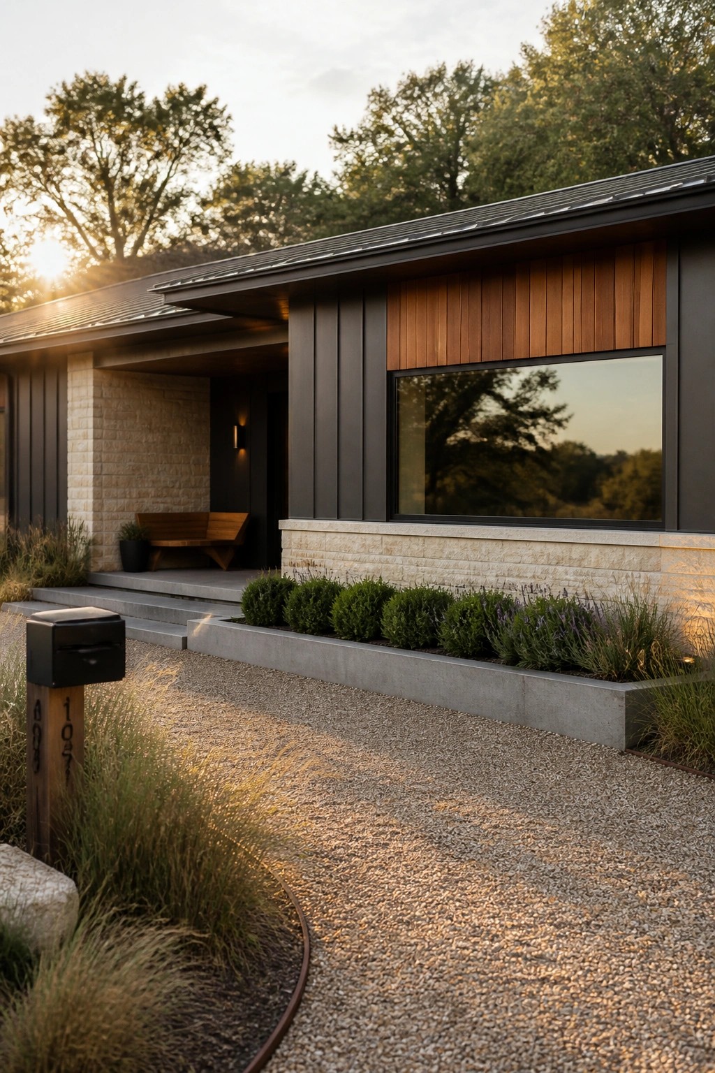 Modern single-story house exterior with dark metal siding, horizontal wood panels, stone base, large window, concrete planter with shrubs, and gravel driveway.