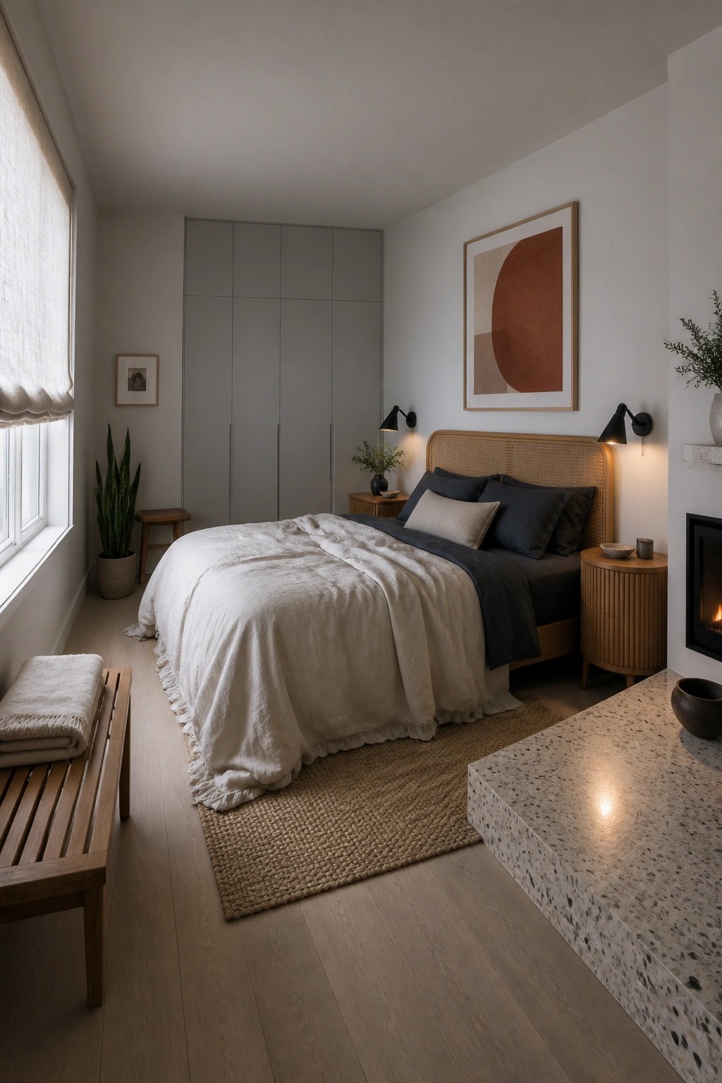A bedroom with a bed dressed in white and dark blue linens, a woven rattan headboard, wooden nightstands, a jute rug, and light wood flooring.