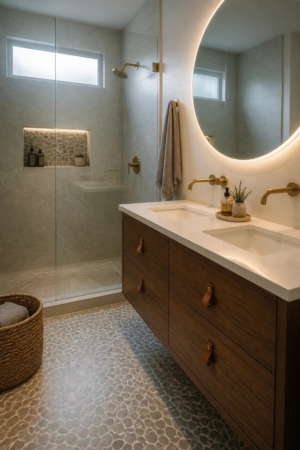A modern bathroom with a floating wood vanity, two undermount sinks, round backlit mirror, and pebble mosaic flooring that continues into a glass shower enclosure with built-in niches.