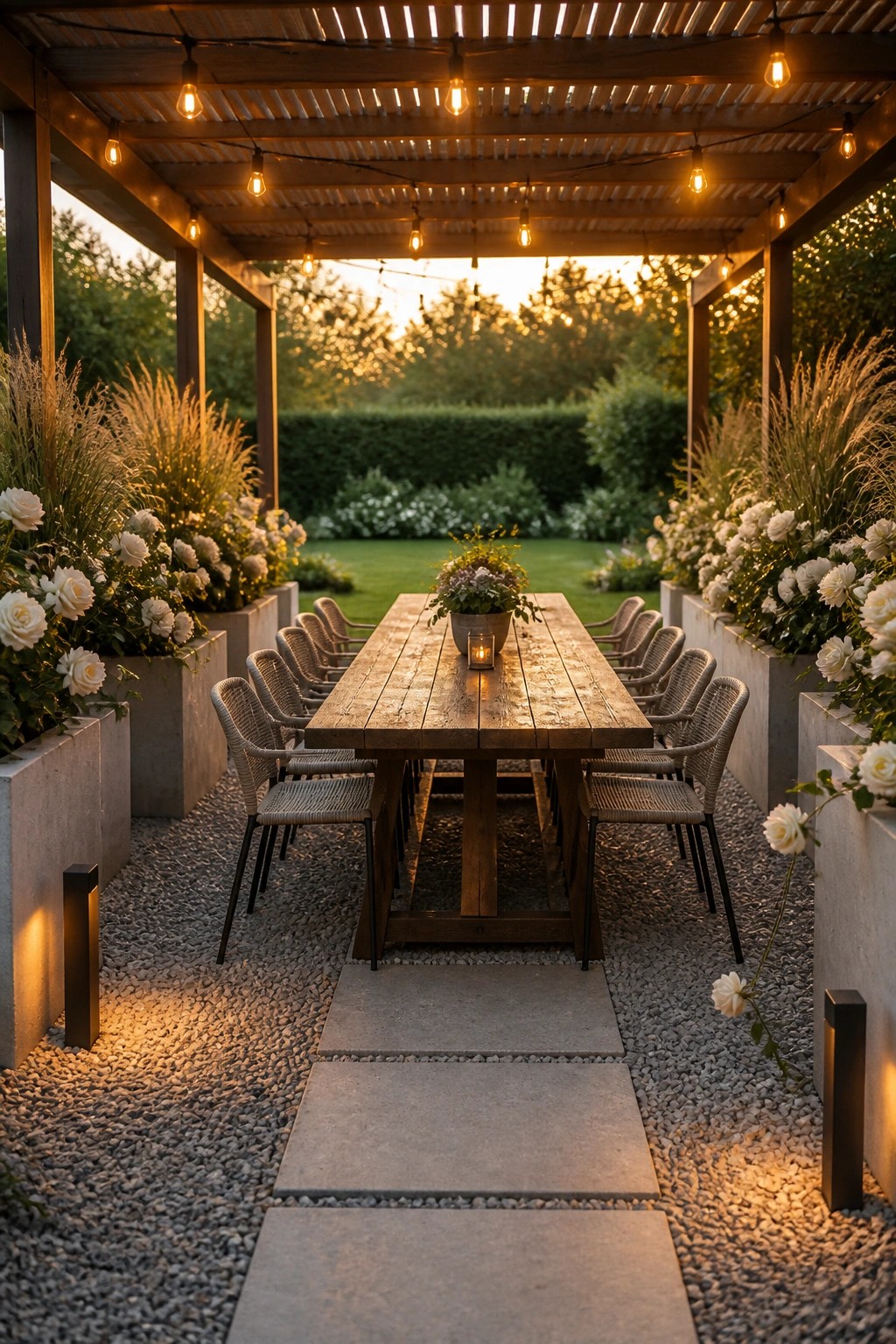A long wooden dining table beneath a slatted pergola strung with warm lights, flanked by concrete planters filled with white roses and tall grasses, with a gravel and paver path leading toward a lawn.