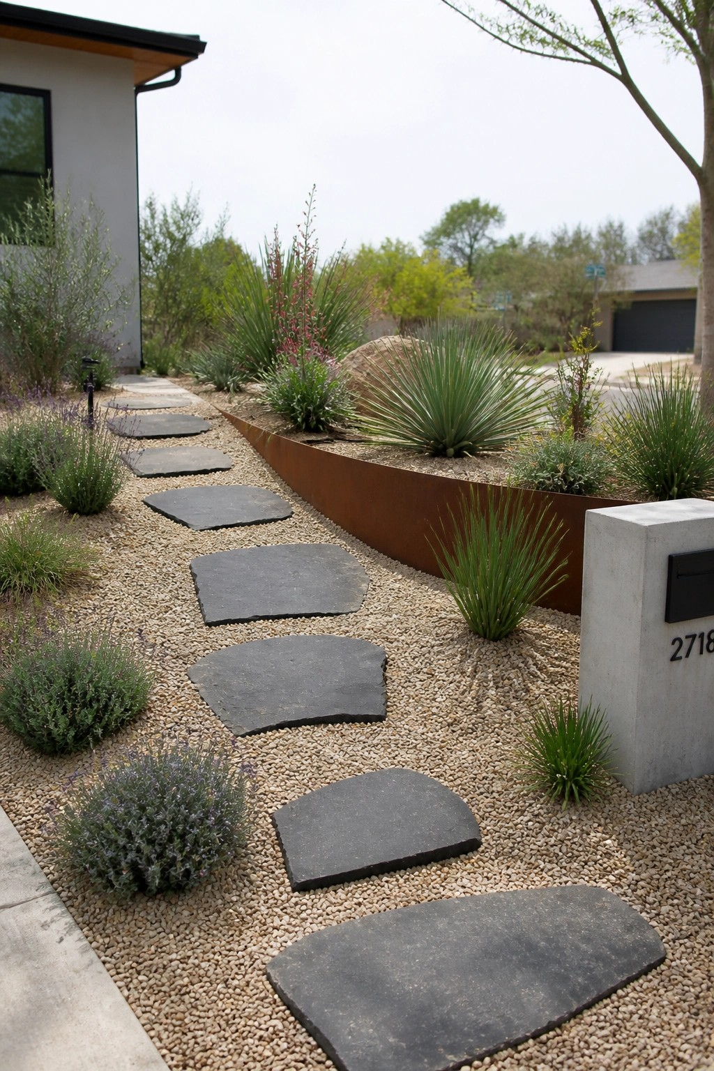 A gravel pathway with irregular dark stepping stones curves past a modern house, bordered by rusted metal edging and drought-tolerant plants.