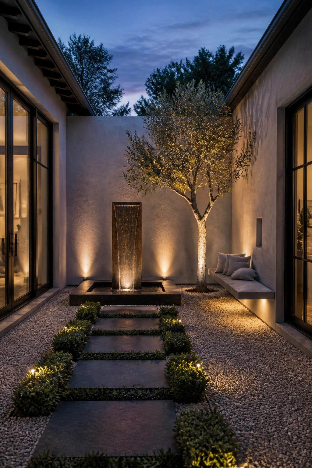 A modern courtyard at dusk with a stone slab path set in gravel, low shrubs along the edges, a central water wall, an illuminated tree, and a built-in bench against a stucco wall.