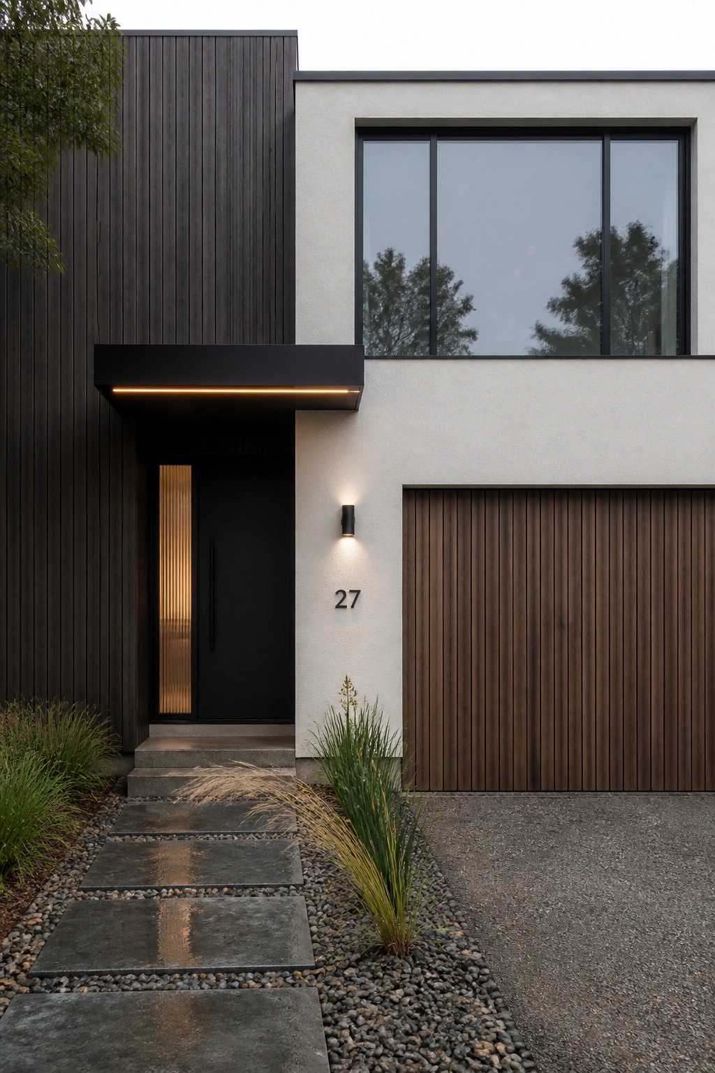 Modern house with black door, vertical wood siding, garage, stone path, and number 27.