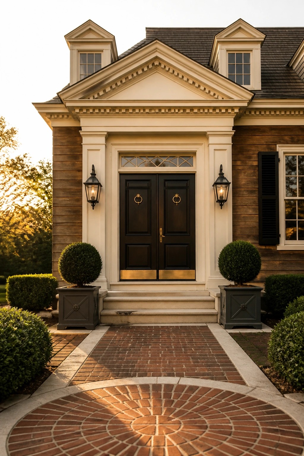 Front entrance of a house featuring double black doors beneath a white pediment with dentil molding, flanked by wall lanterns and potted shrubs, with a brick walkway in the foreground.