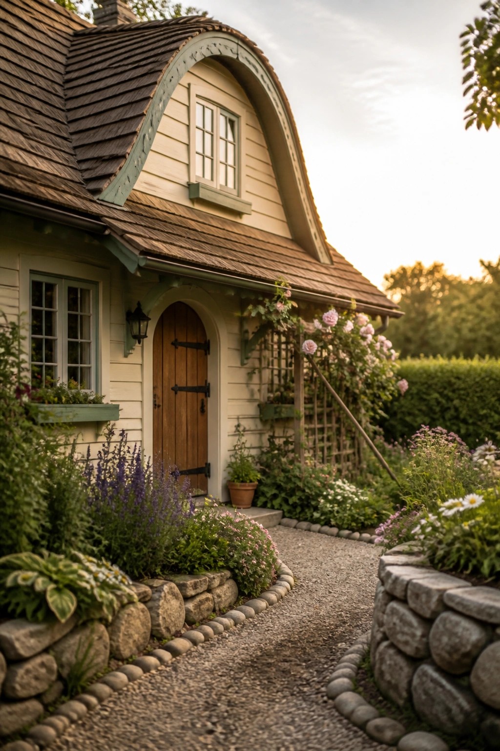 A cottage exterior with a curved roof edged in green trim, a wooden arched door, and flowers lining a gravel path.