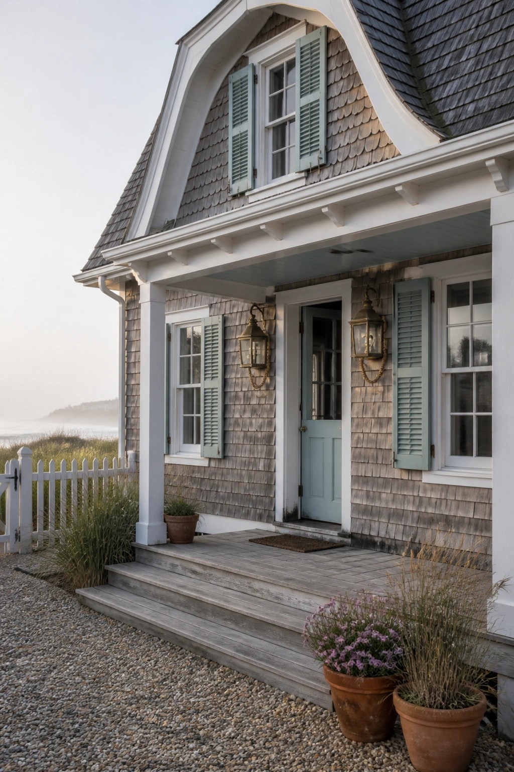 A shingled house with a curved roof gable, white trim, light blue shutters and door, and wooden steps leading to the porch.