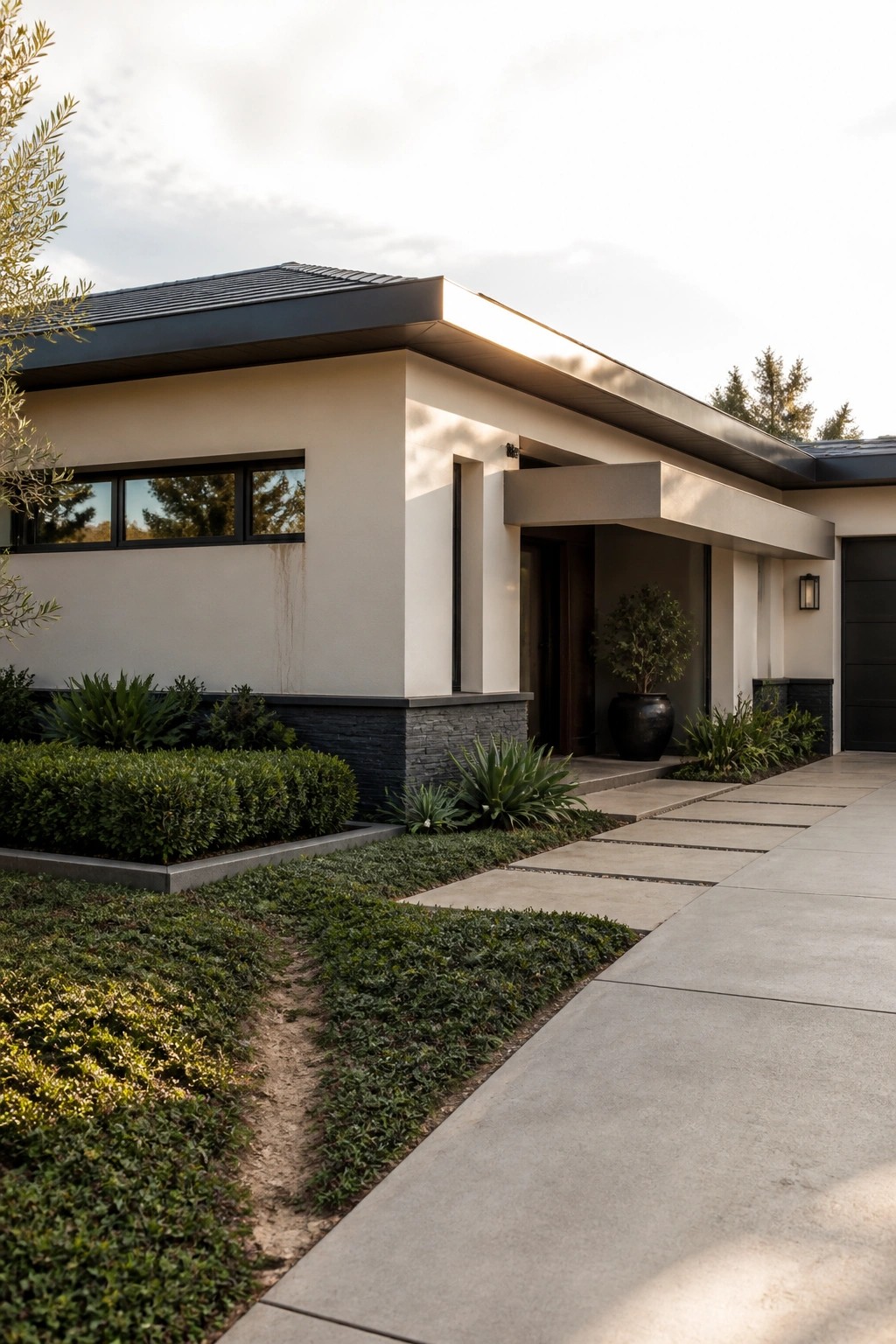 A modern single-story house with light stucco walls, dark roof trim and overhangs, a covered entry, and a concrete walkway beside low landscaping.