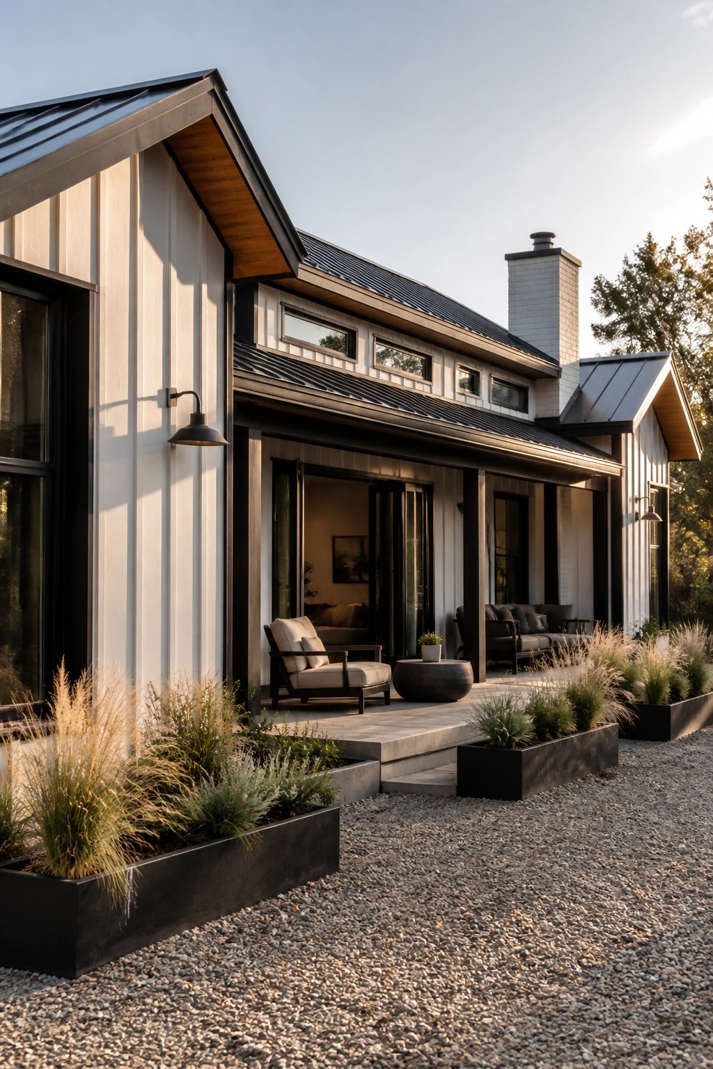Modern house exterior with light vertical siding, dark trim, black metal roof, multiple gables, and a covered porch with open doors.