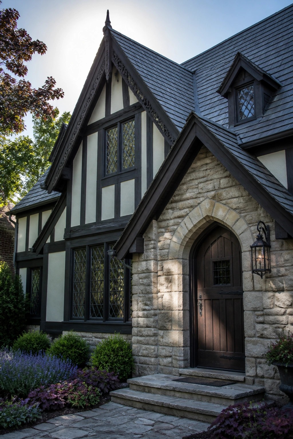 A house exterior with steep gabled roof, ornate dark trim along the gables, stone entry arch, and wooden front door.