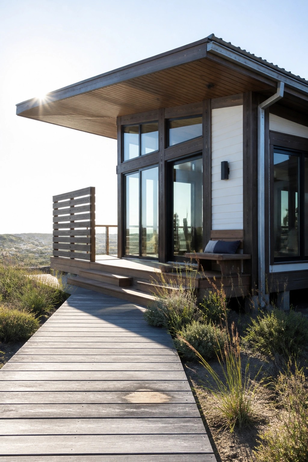 Modern wooden cabin with large windows, deck, steps, and boardwalk amid dunes