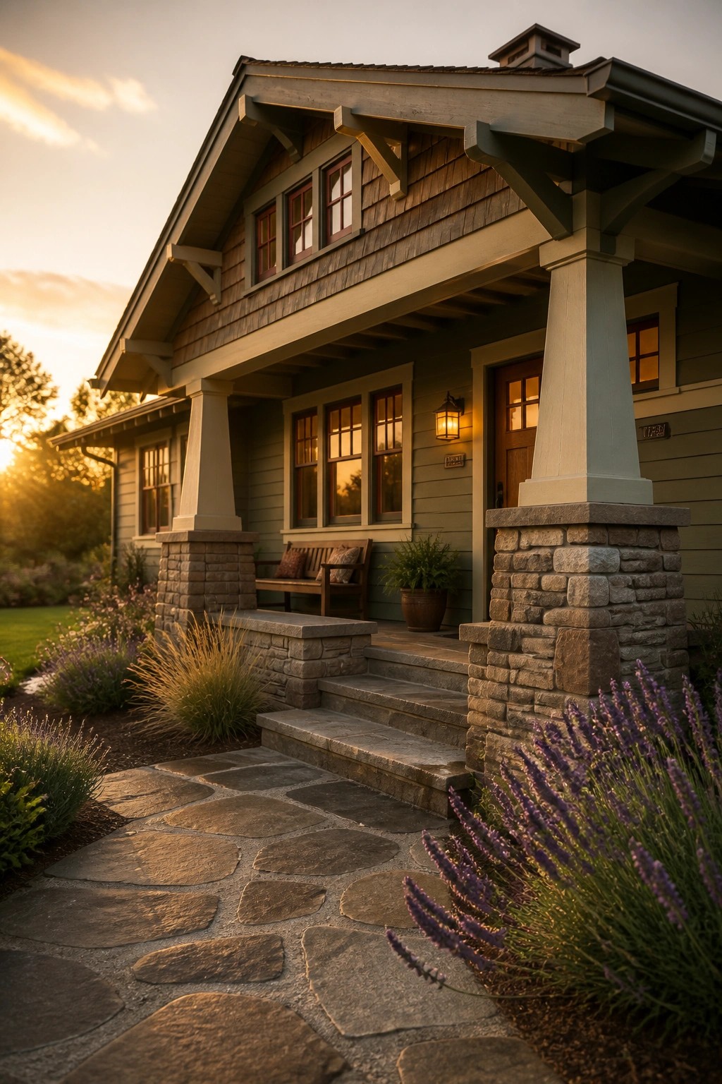 A craftsman style house with deep roof overhangs, exposed brackets under the eaves, stone porch columns, and a stone pathway leading to the front steps.