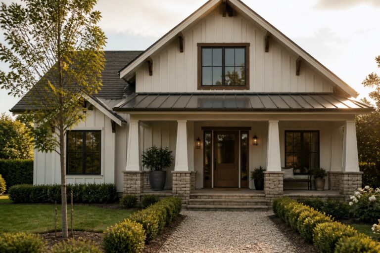 A white house with a steep gable roof in dark metal, wood trim accents, and a covered front porch supported by white columns on stone bases.