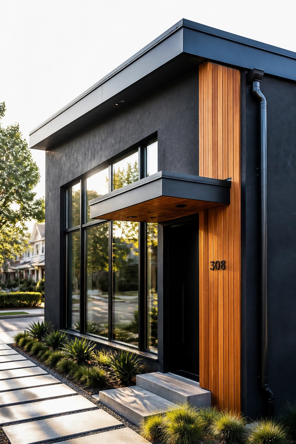 Modern house exterior with flat black roofline, dark siding, vertical wood paneling beside the entrance, large black-framed windows, and a projecting canopy over the black door.