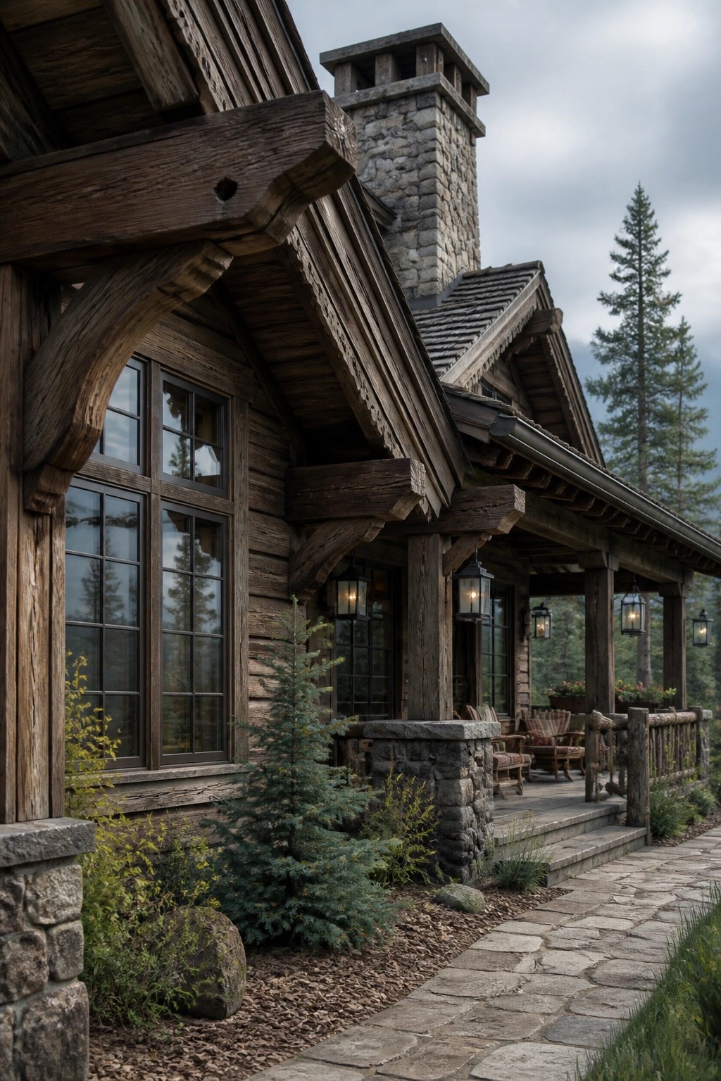 A rustic wooden house exterior featuring large exposed timber brackets supporting deep roof overhangs, a stone chimney, multi-pane windows, and a covered porch with hanging lanterns.