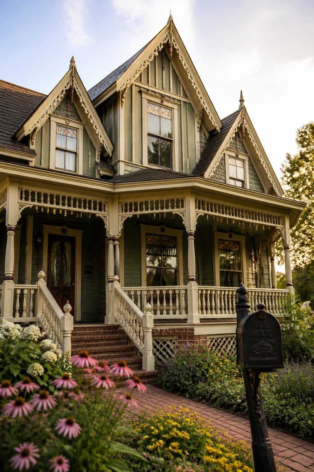 Victorian house with green siding, ornate white porch, brick steps, and flower garden