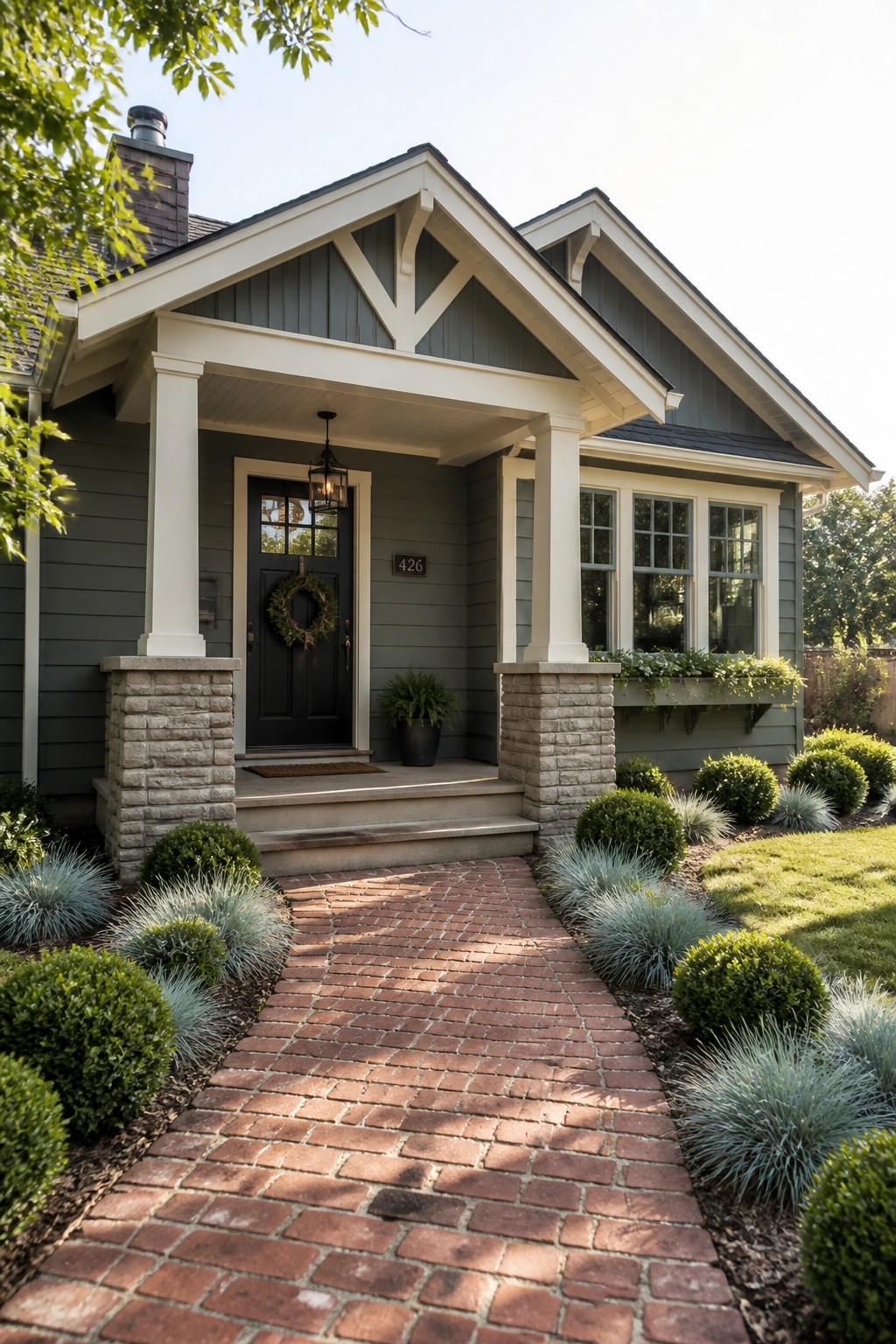 Front view of a gray house with white gable trim, a covered porch with columns, a black door, and a brick walkway leading to the steps.