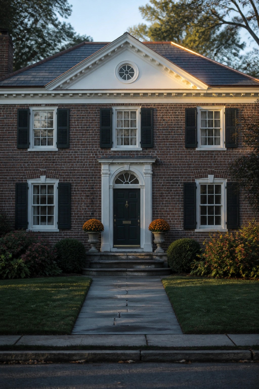 A brick house exterior with a white triangular pediment on the roofline containing a round window, dark shutters, and a centered entry door.