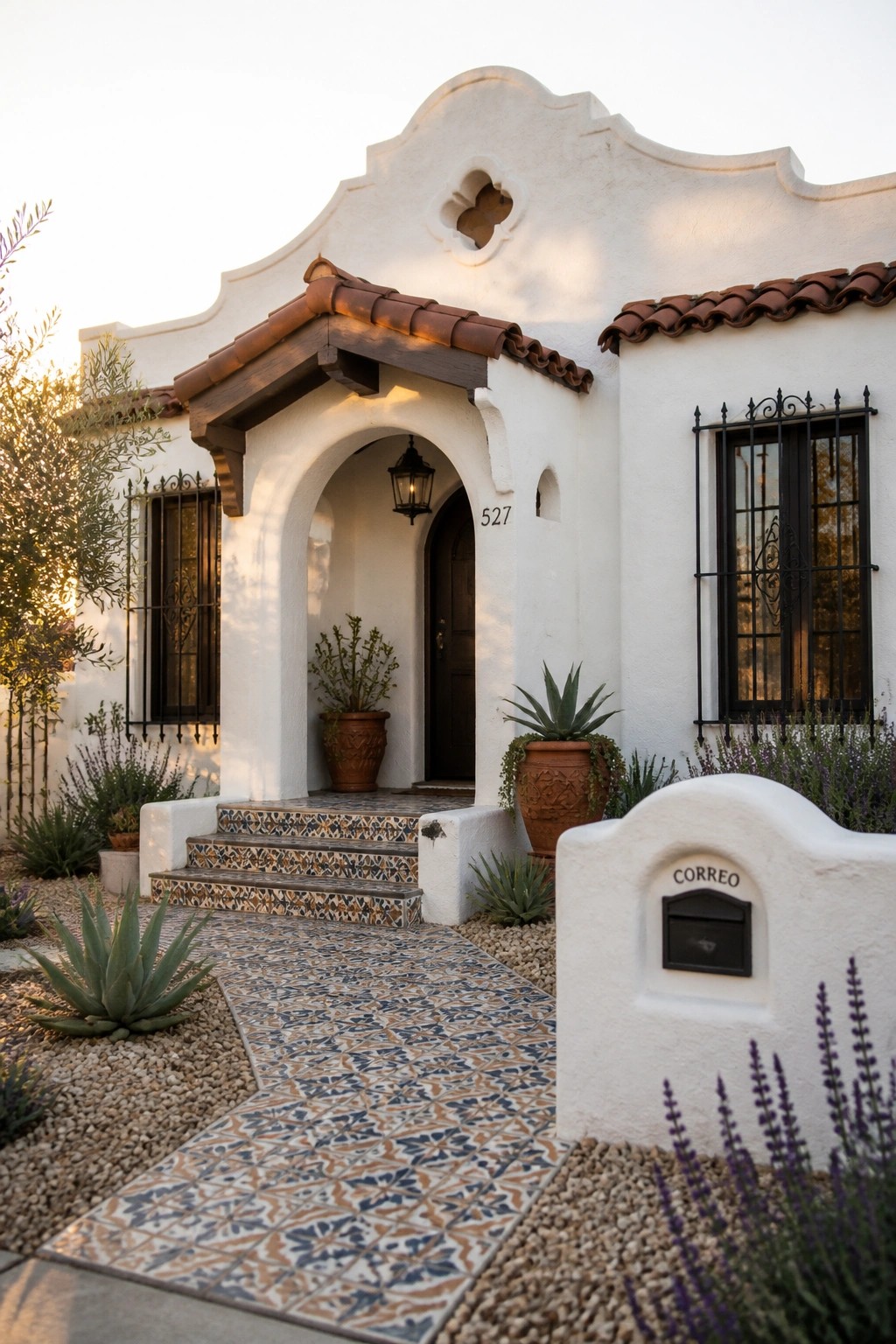Front view of a white stucco house featuring a curved roofline above an arched doorway, brown clay roof tiles, and decorative iron window grilles.