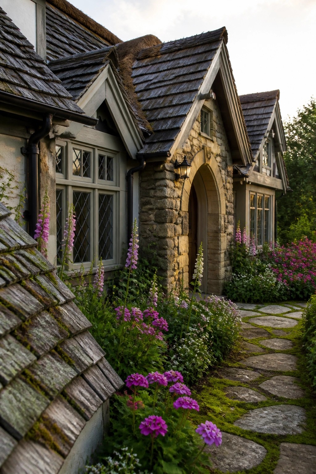 Stone cottage with arched doorway, leaded windows, and purple flower-lined mossy path