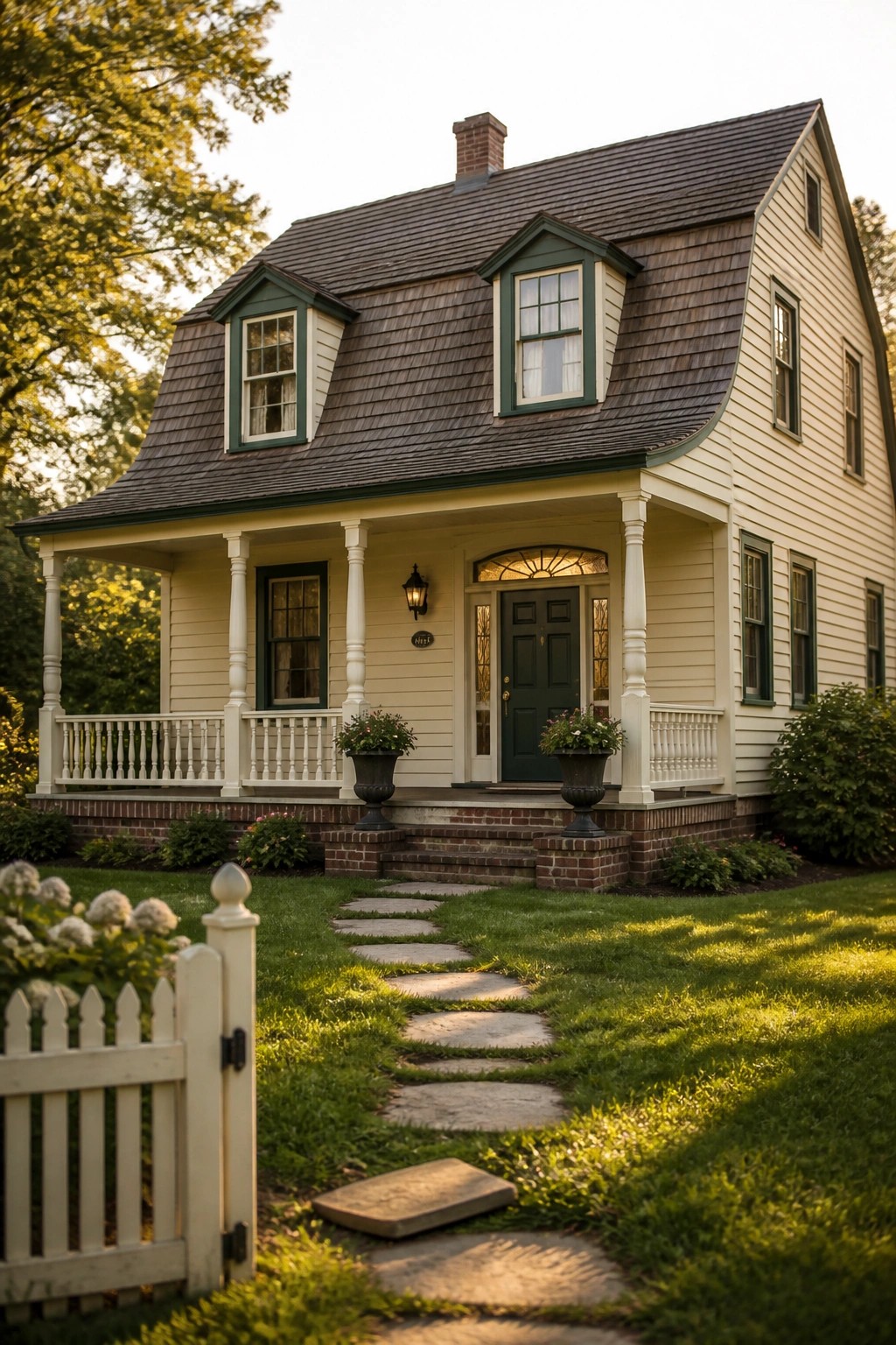 Front view of a cream-colored house with a dark shingled roof, two green-trimmed dormers, and a white-columned porch.
