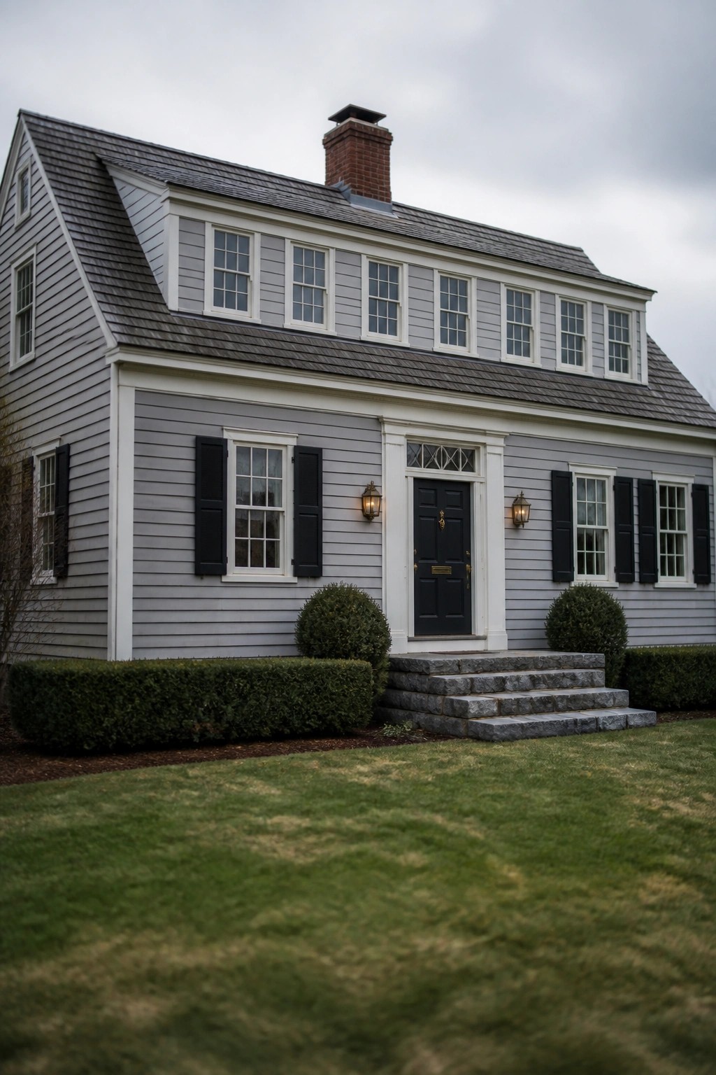A gray shingled house with white trim, black shutters, a black front door, and multiple dormer windows on the upper level.