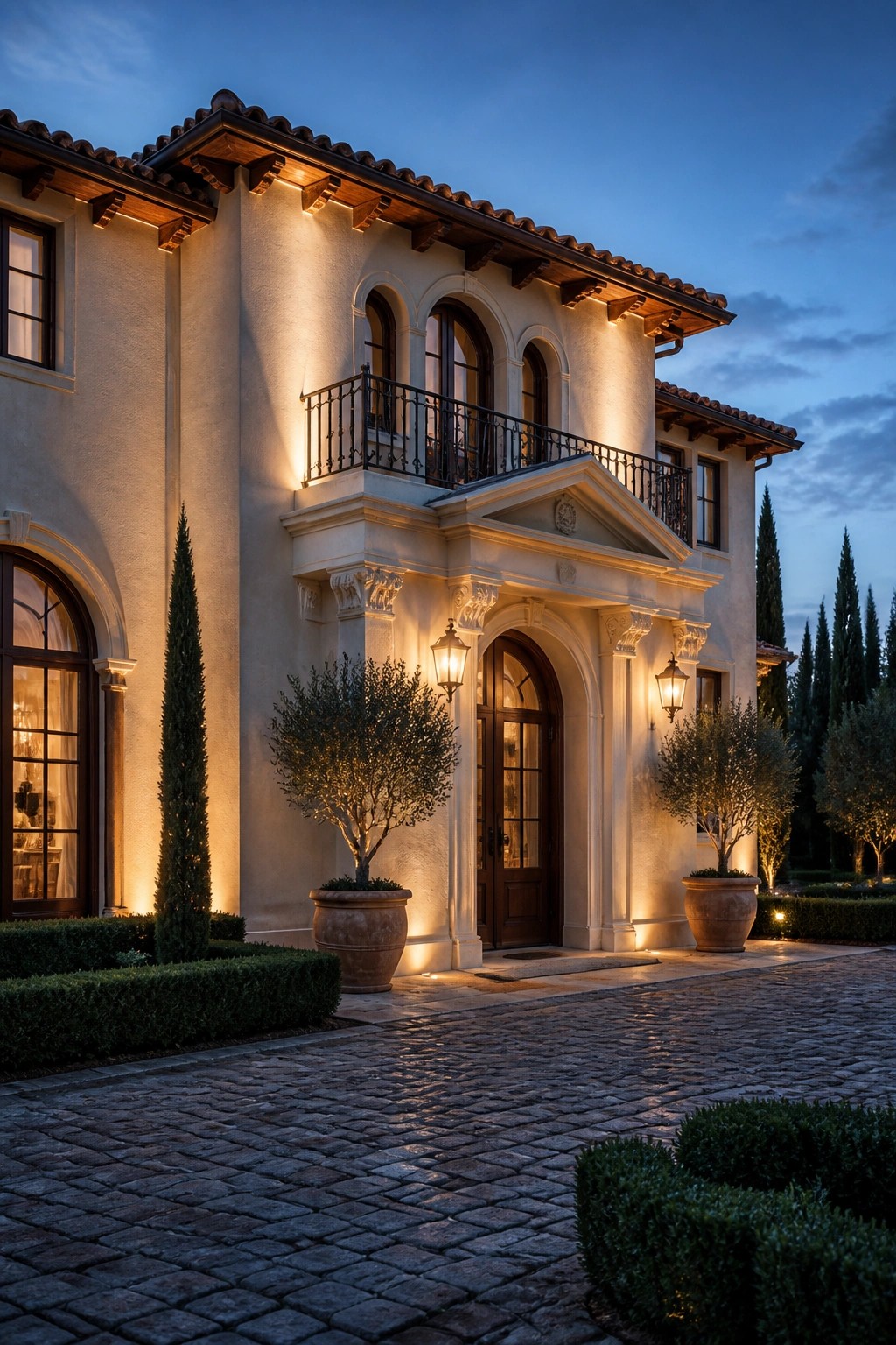 A two-story stucco house with a red-tiled roof, exposed wooden eaves, arched windows, and an illuminated entryway at dusk.