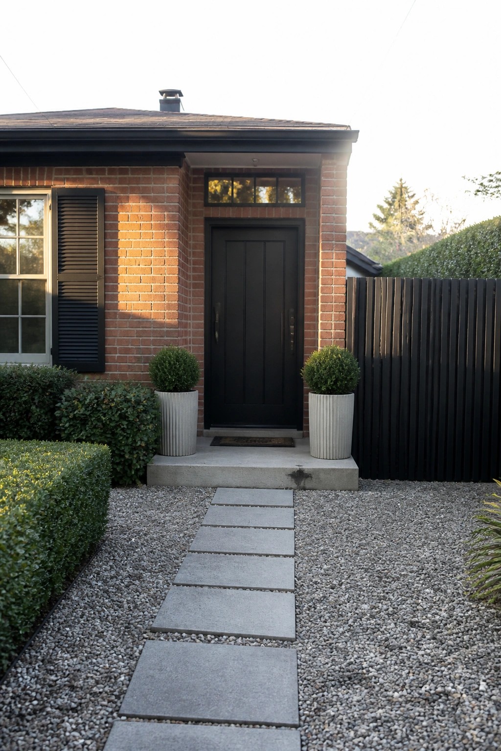A red brick house exterior with a black front door, two potted shrubs flanking the entrance, and a stepping stone path through gravel.