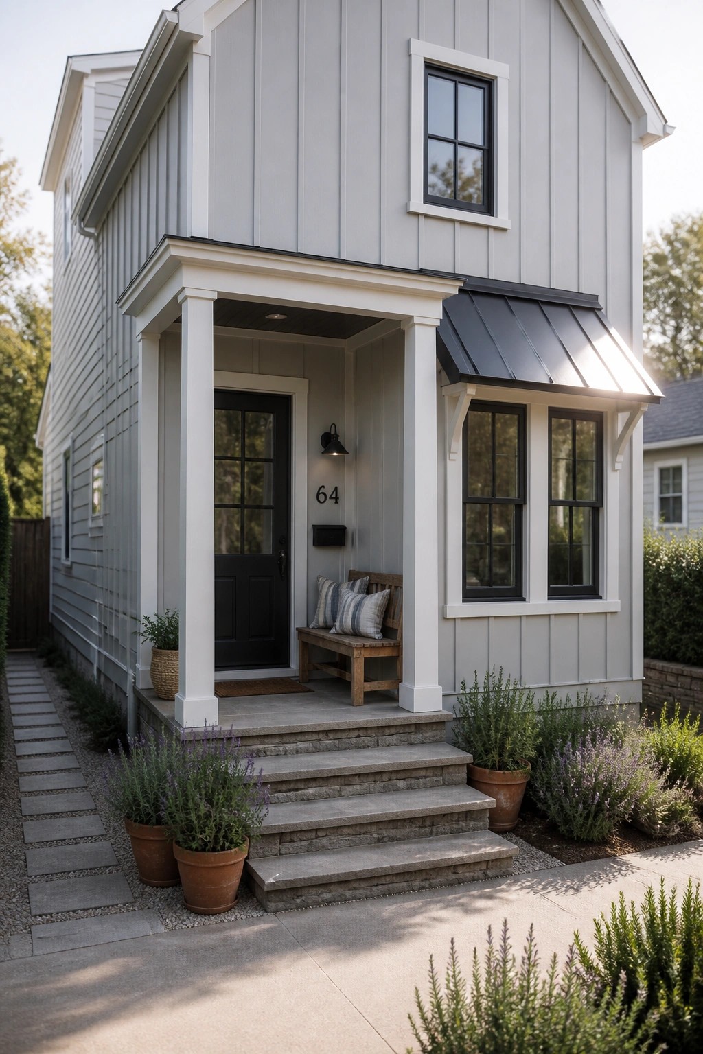 A small gray house with a white columned front porch, black door, wooden bench, and stone steps lined with potted plants.