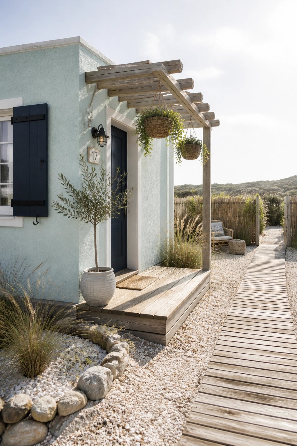 A small light blue house with a dark front door under a wooden pergola, hanging plant baskets, and a wooden boardwalk path.