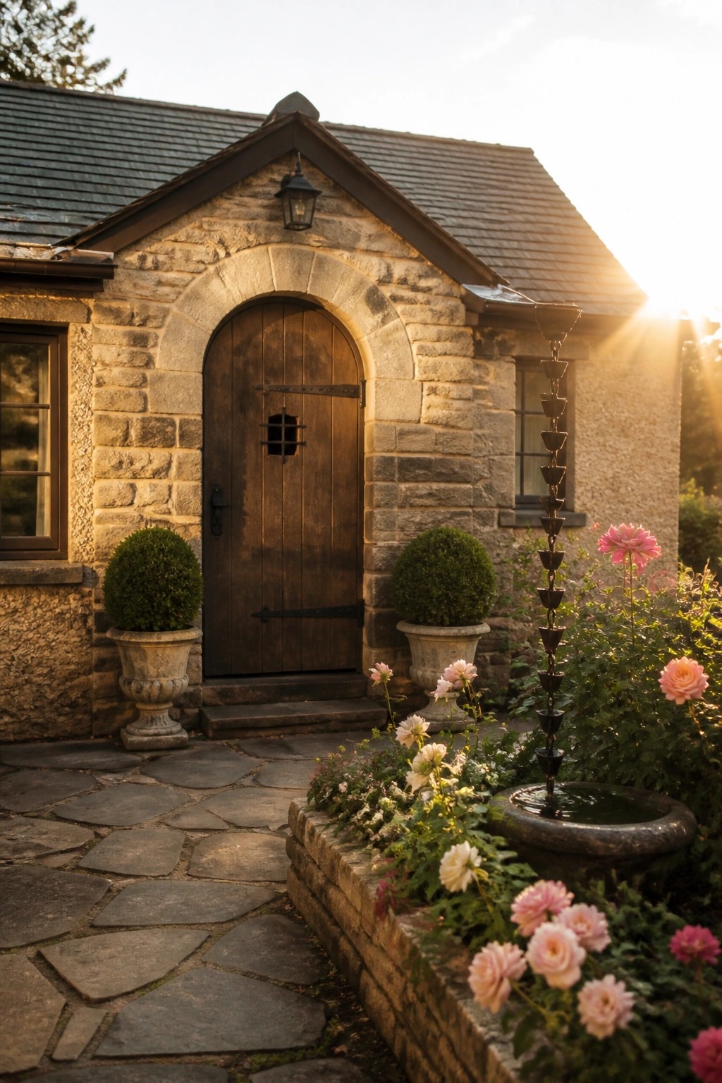 A small stone house with a dark wooden door set inside a stone arch, flanked by two potted shrubs and a stone path, with roses and a fountain visible to the right.