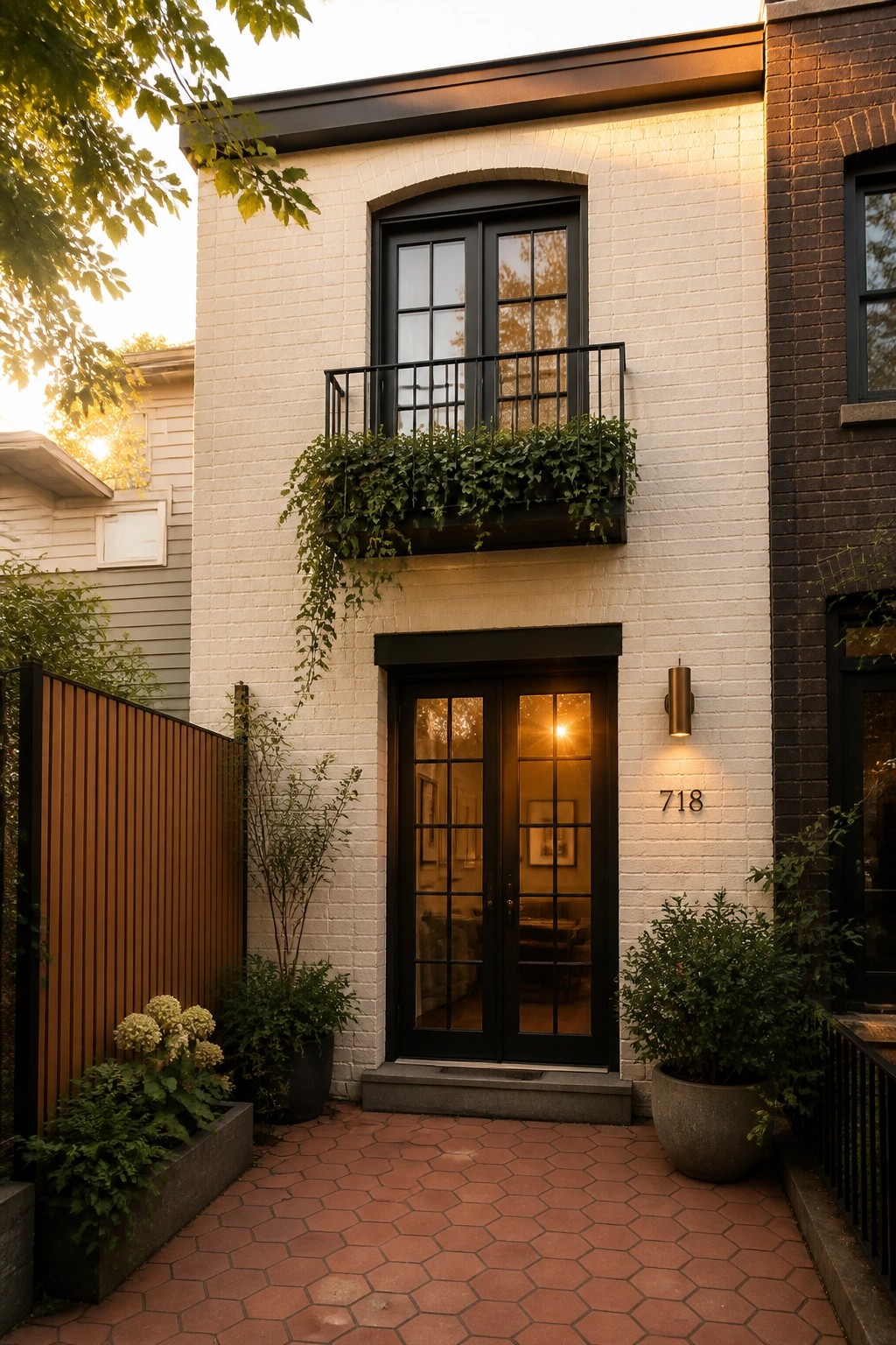 Front view of a narrow white brick house with black-framed double doors, a small balcony above them, and potted plants on either side of the entry.