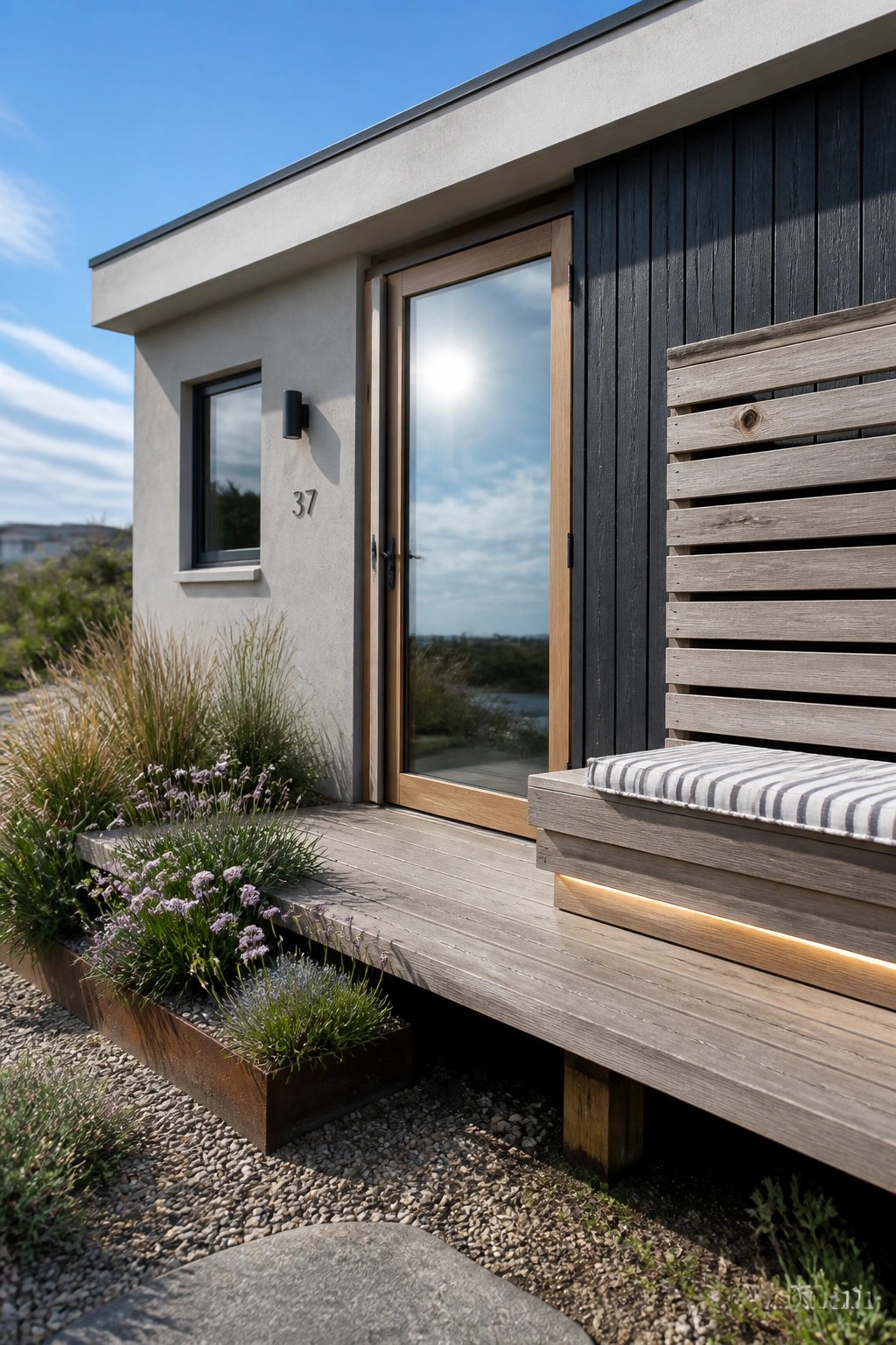 Modern small house exterior with light walls, dark wood siding, large glass door, and wooden deck featuring a built-in bench with underlighting.
