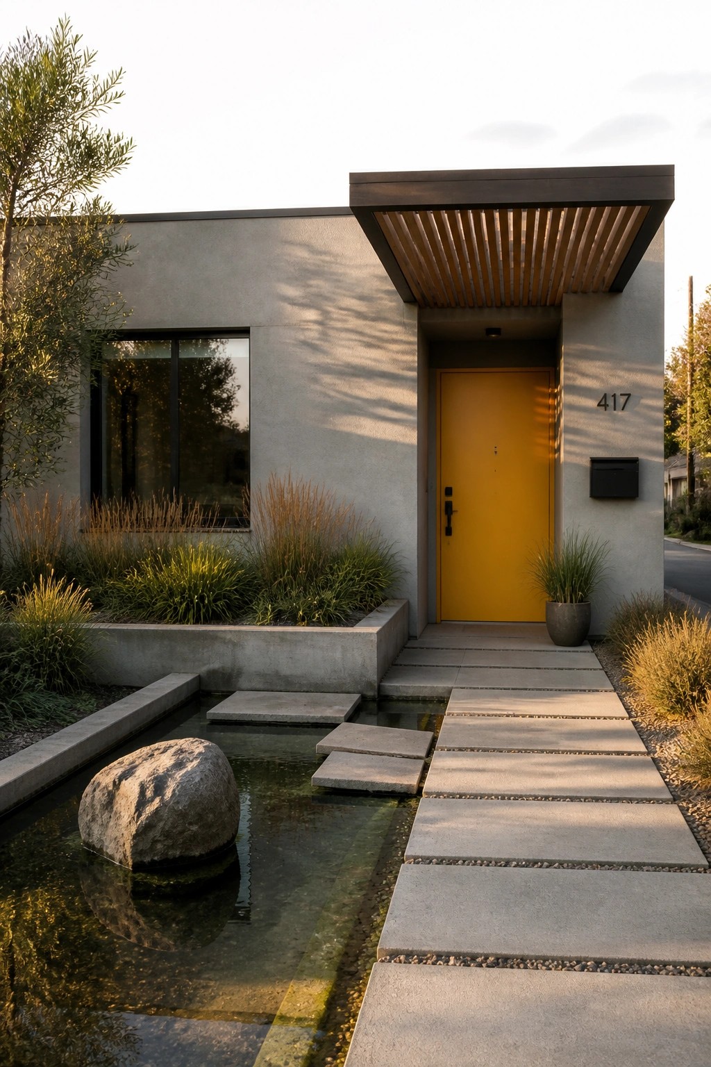 A modern small house with gray concrete walls, a bright yellow front door, concrete pavers leading to the entry, and a small water feature with stepping stones in the foreground.