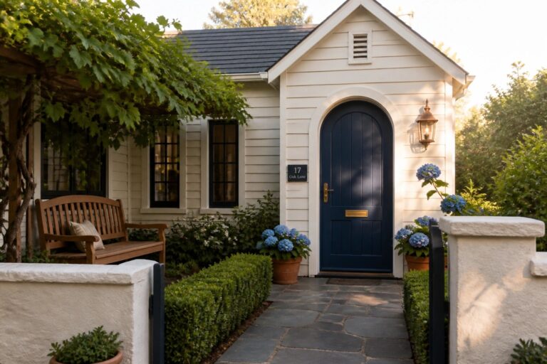 15 Small House Exterior Design Ideas That Maximize Visual Impact A small white house exterior featuring an arched dark blue front door, black-framed windows, stone pathway, and potted hydrangeas beside a wooden bench.