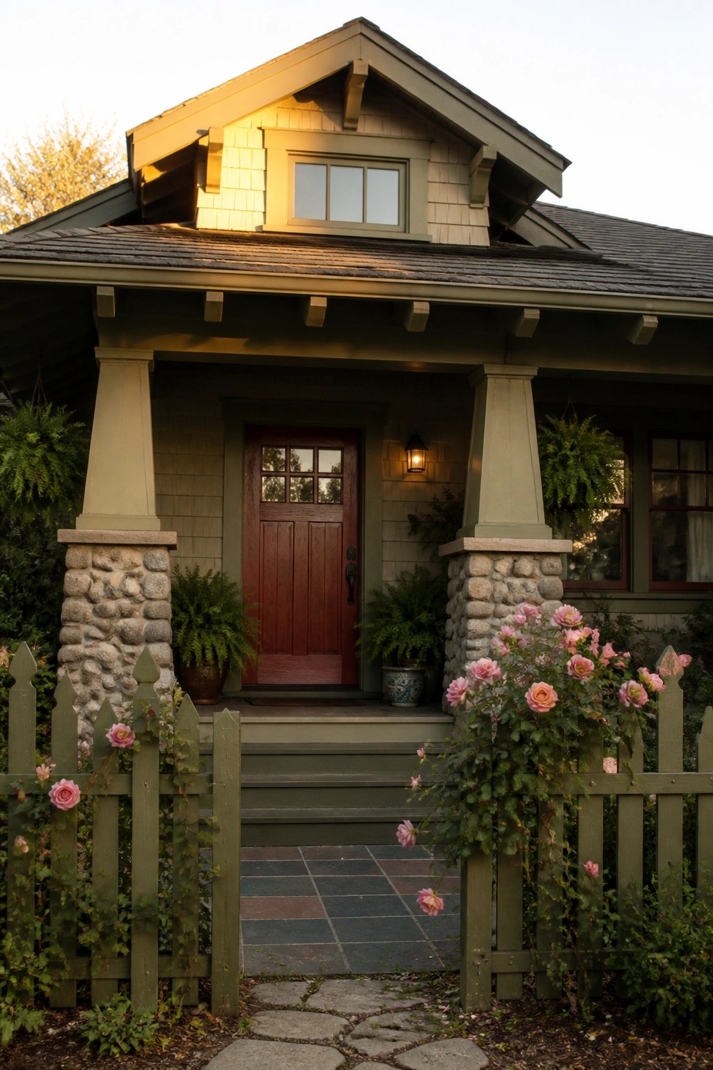 A small house exterior with a red door, green siding, stone column bases on the porch, and a green picket fence lined with pink roses leading to the steps.