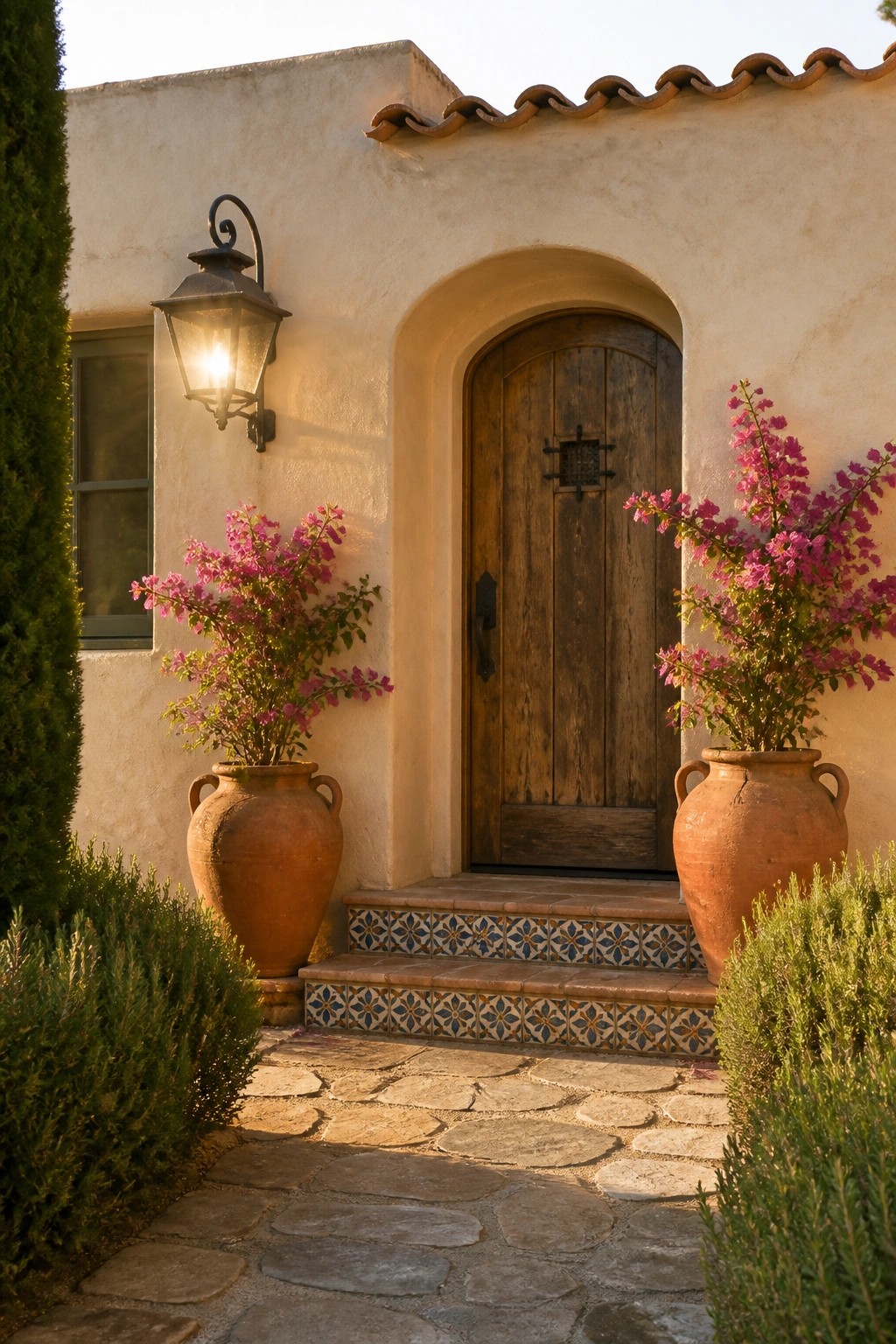 A wooden front door under an arched opening on a stucco house exterior, flanked by two large terracotta pots filled with pink flowering plants, set above tiled steps with a stone path leading to the entrance.