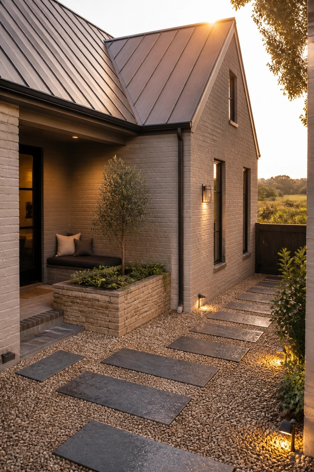 A small brick house with a dark metal roof and a gravel path lined with rectangular stepping stones leading to the entrance.